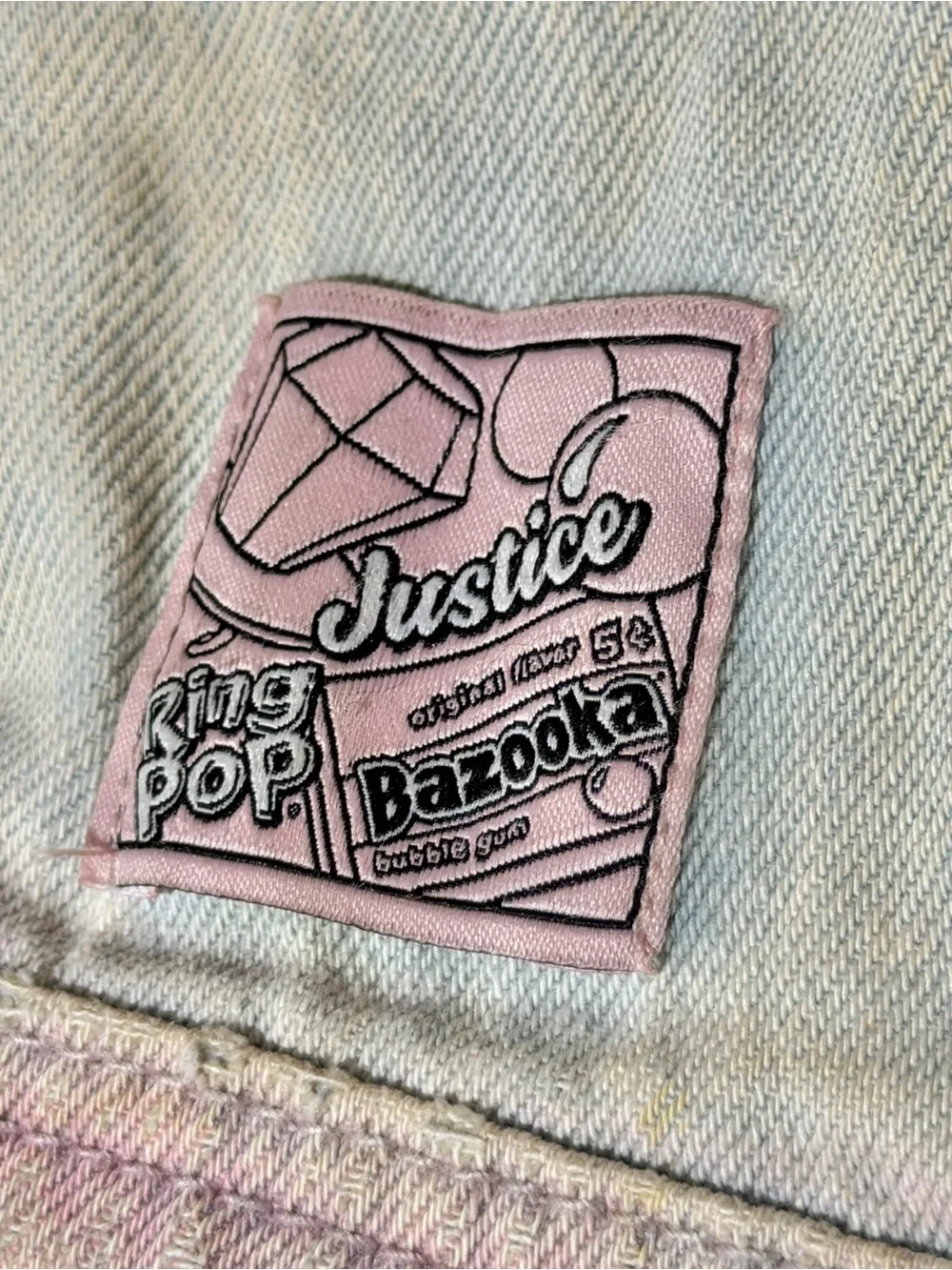 Justice White Denim Jacket with Bazooka Ring Pop Label